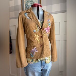 J. Jill Tan Embroidered Floral Blazer Jacket Spring Summer Boho Colour Small
